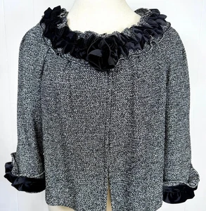 Unique St John Couture jacket black white textured knit ruffled trim NWOT 12 14 - Picture 1 of 5