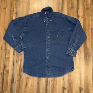 Vtg Chaps Ralph Lauren Blue Denim Shirt Embroidered Crest Pocket Logo Mens Large - Picture 1 of 7
