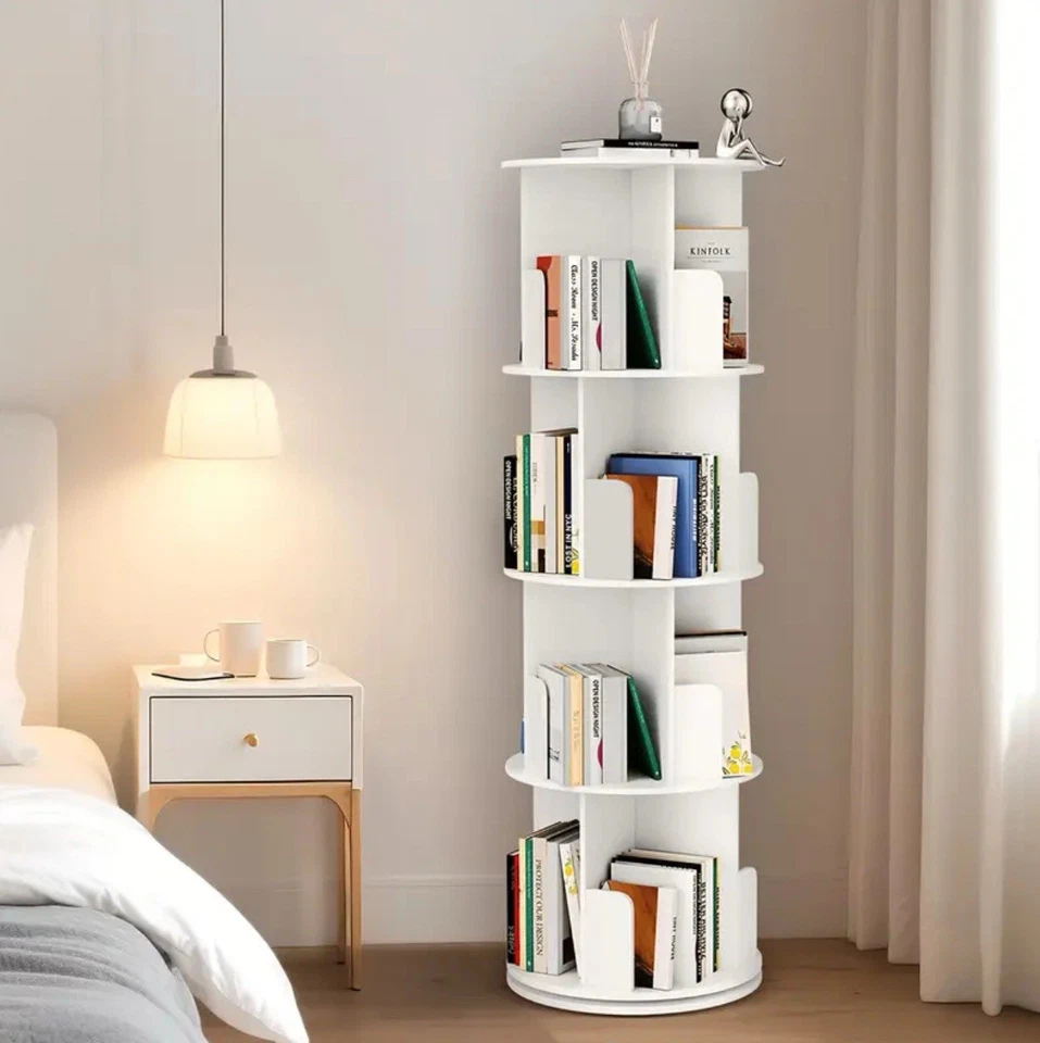 4-Tier Rotating Bookshelf Tower with 360° Spinning Shelves - White - Image 1 of 4