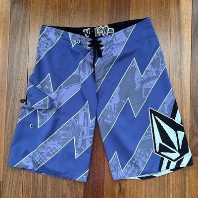 Vtg Volcom Board Shorts 90s Style Surf Swim Trunks Frizz Whiz Mod Gray Purple 32 - Image 1 of 4
