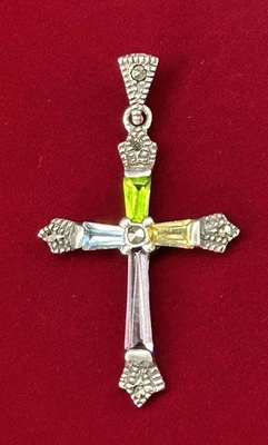 Multi-Stones CROSS PENDANT  Amethyst Topaz Marcasite .925 Sterling Silver - Image 1 of 4