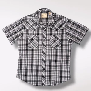 Wrangler Western kariertes Druckknopf Hemd Kurzarm schwarz grau weiß Large - Bild 1 von 6