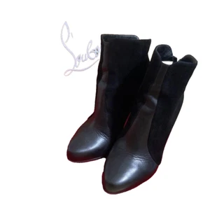 Christian Louboutin Suede & Leather Zipper Boots Black Women Mid-Calf With Box - Picture 1 of 5