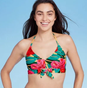 Top de bikini Kona Sol para mujer talla mediana corbata frontal halter amarillo rosa floral - Imagen 1 de 11