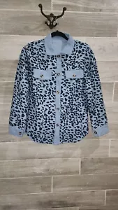 Shein Womens M Long Sleeve Button Up Collared Shirt Blue Leopard Cordory - Picture 1 of 4