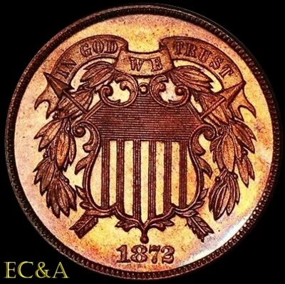 1872 TWO CENT PIECE PROOF SUPERB GEM RED/BROWN ONLY 950 MINTED! (2C052) - Image 1 of 2