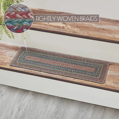 VHC BRANDS Multi Jute Rect 8.5x27 Stair Tread Latex Back Deep Olive Creme Coral Country