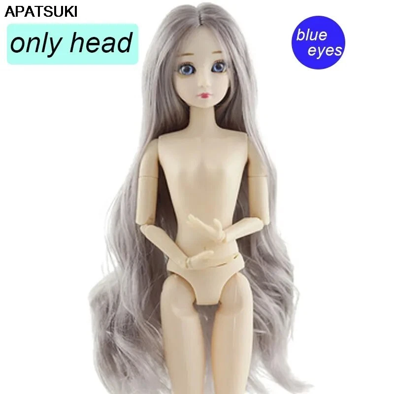 APATSUKI Lange graue Haar Köpf für 1/6 BJD Blau Augen Puppenkopf für 11.5" Puppen Zubehör