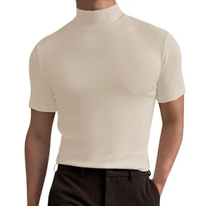 Mens Mock Turtleneck Short Sleeve Solid Color T-Shirts Basic Slim Fit Tees - Picture 1 of 20