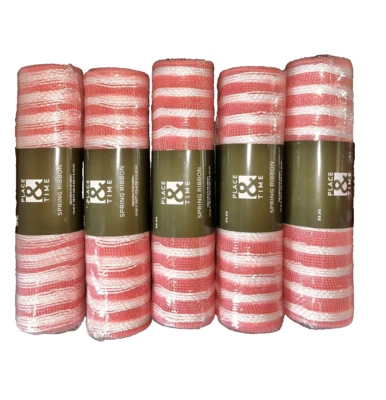 5 Rolls 10" x 18' Pink & White Stripe Decorative Mesh Wreath Making Place & Time - Image 1 of 4