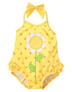 GYMBOREE DAISY GIRAFFE YELLOW DAISY N DOT 1-PC SWIMSUIT 0 3 6 12 18 24 NWT - Picture 1 of 2