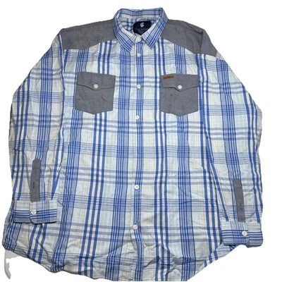 Camisa Rocawear Clásica Para Hombre Azul Blanco A Cuadros 4XL Manga Larga, Poclets Delanteros Foto 1 de 4
