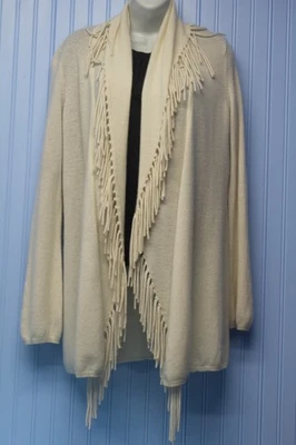 Minnie Rose 100% cashmere ivory l/s open cardigan sweater with fringe trim M - Image 1 of 3