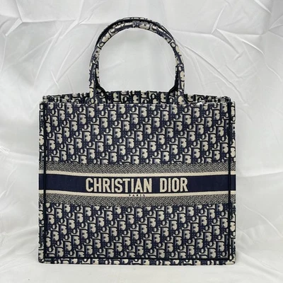 Dior Womens Large Dior Book Tote Bag Oblique Motif Cotton Ercu/Blue Pre-Owned - Image 1 of 4