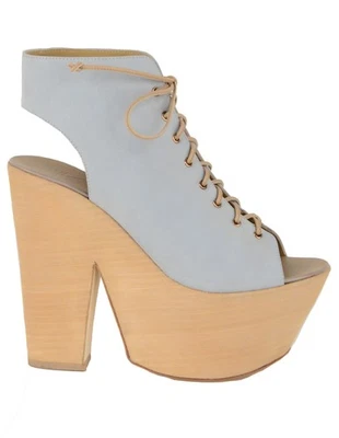 GIUSEPPE ZANOTTI SHOES LACE-UP PLATFORM WEDGE CLOGS BLUE LEATHER $895 38.5 7.5 - Image 1 of 4