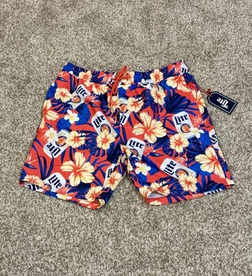 MENS Size (L) FLORAL Miller Lite Beer Can  LOGO Swim Trunks NWT - Image 1 of 2