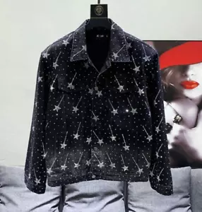 Neu Herren Luxus Diamant Sterne Strass Mode Jeans Schwarz Jacke Hochwertig - Bild 1 von 10
