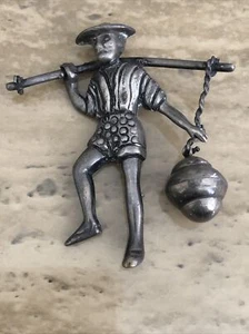 MEXIKO 925 Sterling Silber - Vintage Mann mit Tragestange & Eimer Brosche Anstecknadel - Bild 1 von 6