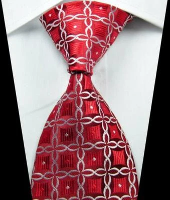 ¡Lo último! Corbata para hombre 100 % seda tejida jacquard roja blanca con patrones clásicos Foto 1 de 2