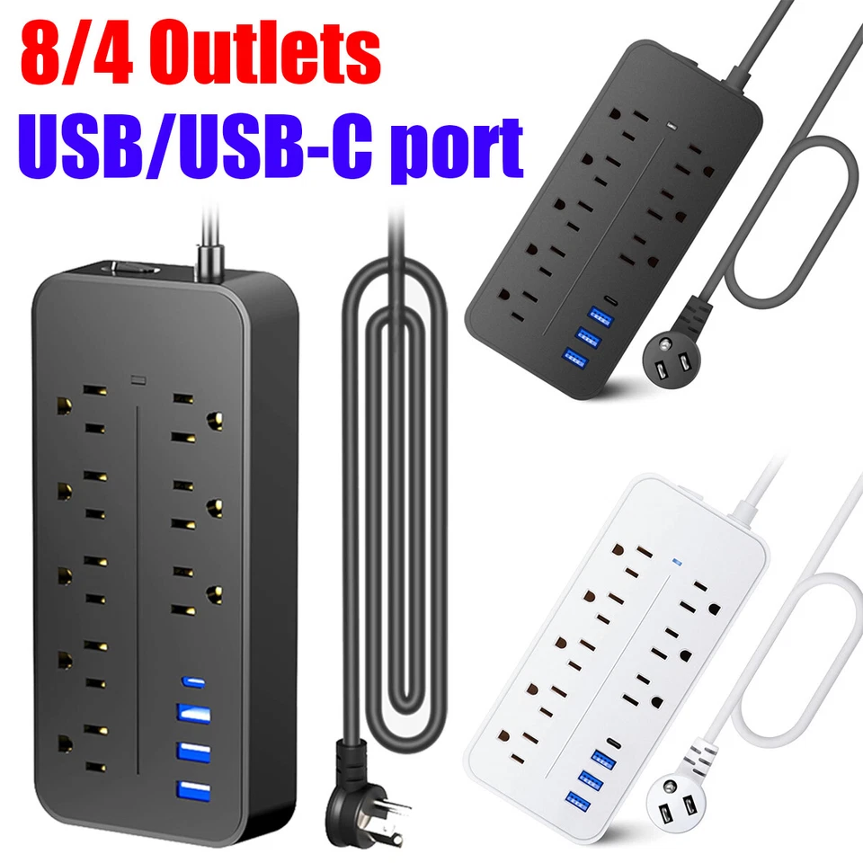 Surge Protector US Power Strip 4 FT Extension Cord Outlets 3 USB & 1 USB-C Port - Image 1 of 4