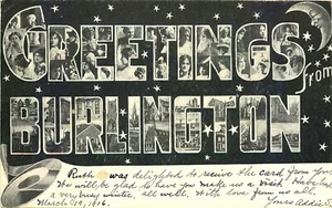 1906 LARGE LETTER, GREETINGS FROM BURLINGTON, VERMONT, VINTAGE POSTCARD - Picture 1 of 2