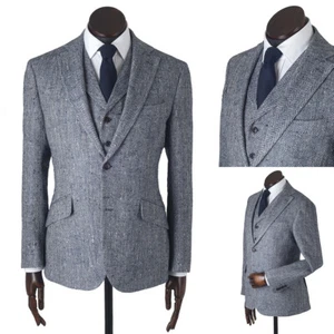 Men Suits Regular Fit Wool Blend Herringbone Notch Lapel Blazer Business Wedding - Picture 1 of 14