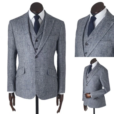 Men Suits Regular Fit Wool Blend Herringbone Notch Lapel Blazer Business Wedding - Image 1 of 4