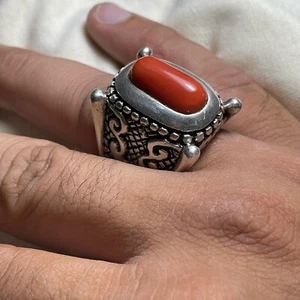 Natural Red Coral Stone Ring For Men Capsule Coral Marjan Engraved Sterling Ring - Picture 1 of 4