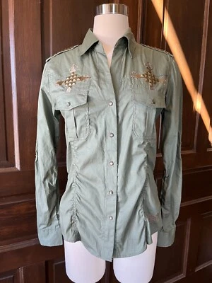 Camisa Vaquera Rock & Roll Tachonada Frente a Presión Algodón Verde Oliva Nueva Sin Etiquetas Talla M Foto 1 de 4