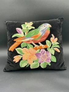 VTG Punch Needle Pillow Bird Flowers Floral Black Velvet Front Green Peach Pink - Picture 1 of 9