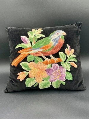 VTG Punch Needle Pillow Bird Flowers Floral Black Velvet Front Green Peach Pink - Image 1 of 4