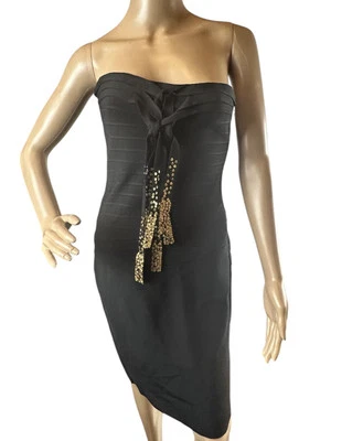 Hervé Léger Black Strapless Bandage Dress with Gold Sequin Tie , Size M - Image 1 of 4