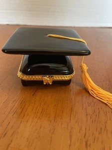 Black Graduation Trinket Or Ring Box 3” Diameter Gold Trim And Clasp - Picture 1 of 4