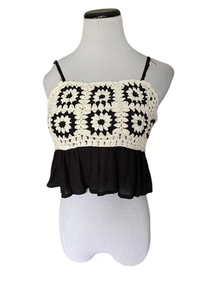 Top corto Rebellion Again para mujer abuela cuadrado crochet talla XS negro hippie boho Foto 1 de 4