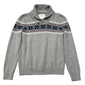 Maglione Abercrombie & Fitch uomo grigio medio collo sciallato Fair Isle maglia nordica - Foto 1 di 7