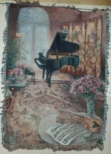 "Music Room" with Grand Piano & Violin Cotton Blanket 68" X 48" Preowned - Picture 1 of 4