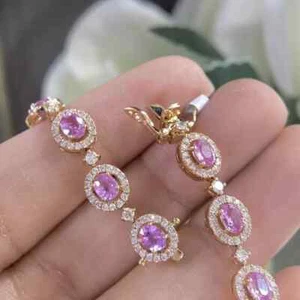 8CT Oval Cut Pink Simulated Sapphire/CZ Tennis Bracelet 14K Yellow Gold Finish - Picture 1 of 7