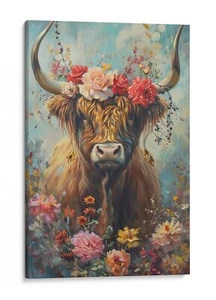 Floral Cow Canvas Art Print, Boho Farm Animal Home Decor - Picture 1 of 17