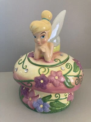 Jarro de biscoito de cerâmica vintage Disney Sininho floral com joias cogumelo - Imagem 1 de 4