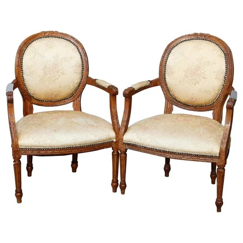 Antique Pair of French Louis XVI Style Walnut Fauteuil Armchairs, 19th C Cover