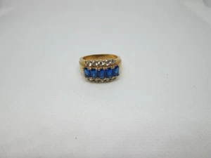 Marked SMAD China Statement Ring Emerald Cut Dark Blue Stones Gold Tone Size 6.5 - Picture 1 of 8