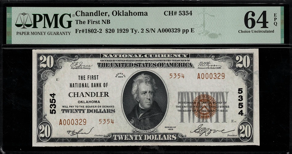 1929 $20 National - Type 2 - Chandler, Oklahoma - Charter 5354 PMG 64 EPQ - Image 1 of 2