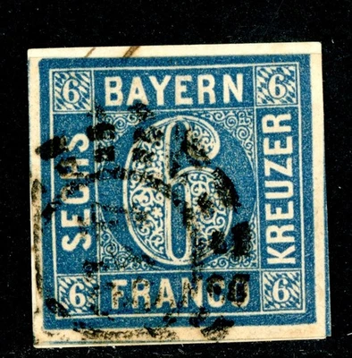 Germany States 1862 Bavaria 6 Kr Blue Scott #11 VFU H666 - Image 1 of 4
