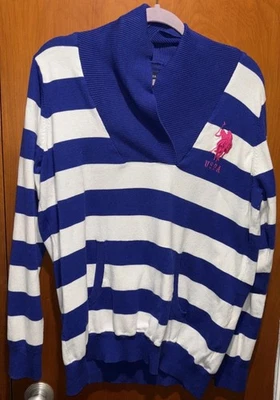 U.S.Polo Assn. Женский свитер 2XL с длинным рукавом легкий сине-белый в полоску - Изображение 1 из 4