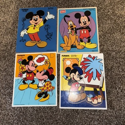 Vintage Mickey Mouse Playskool Wooden Puzzle Lot Minnie Pluto -4 Puzzles - Image 1 of 4