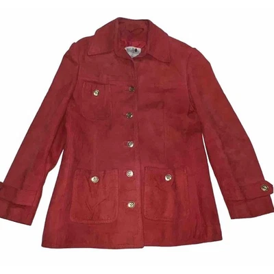 World Knits Suede Coat Women’s Size 12 Red Gold Buttons Leather Jacket Vintage - Image 1 of 4