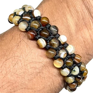 Handmade 6mm Natural Agate Beads Bracelet Adjustable Macrame Boho Unisex Jewelry - Picture 1 of 8