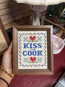 Finished Cross Stitch Framed Kiss the Cook Hearts Floral Decor Kitchen Small 6x5 - Picture 1 of 8