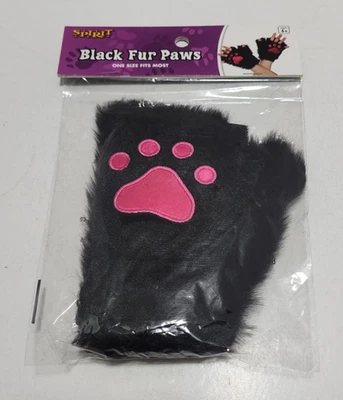 Black Fur Paws Pink Gloves Fingerless Child One Size Spirit Halloween Costume - Image 1 of 4