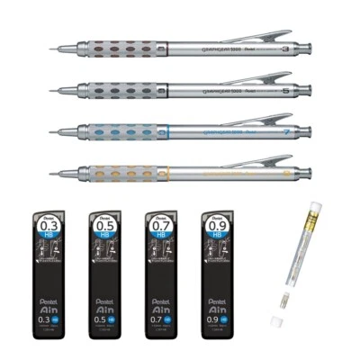 Pentel GraphGear Mechanical Pencil Set 0.3-0.9mm + Leads & Eraser in Black Case